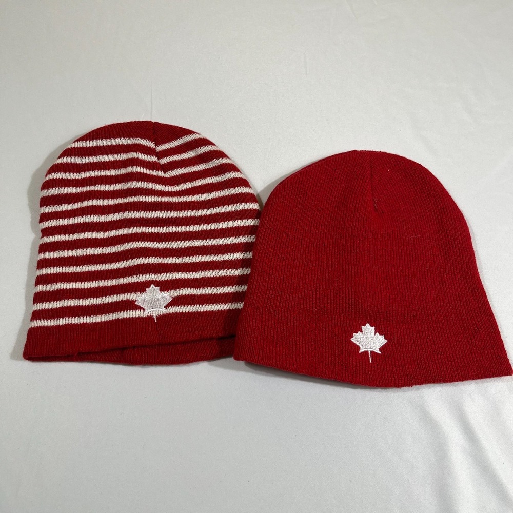 Canada Maple Leaf Beanie Hat Lot of 2 Red Striped Knit Winter Toque Gorpcore